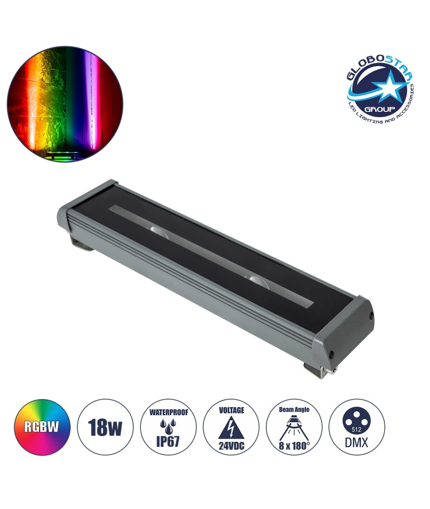 GLOBOSTAR® WINDOWRAFI 90729 Φωτιστικό Ανάδειξης Παραθύρων LED 18W 1440lm 8°x180° DC 24V Αδιάβροχο IP67 Πολύχρωμο RGBW Dimmable DMX512 - CREE XPE Chip - Γκρι Ανθρακί - Μ30.5 x Π6.7 x Υ4.5cm - 3 Χρόνια Εγγύηση